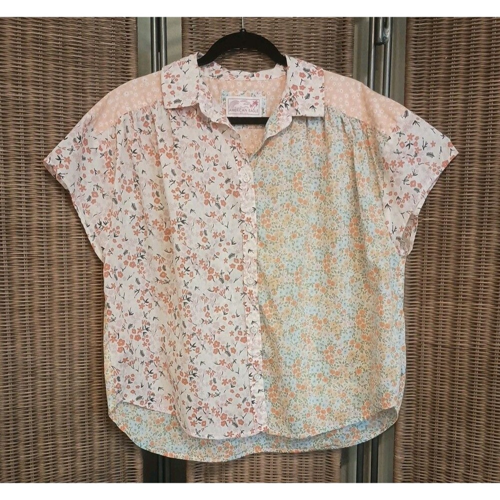 American Eagle Womens Small Button-Up Shirt Oversized Floral Short Sleeve Orange